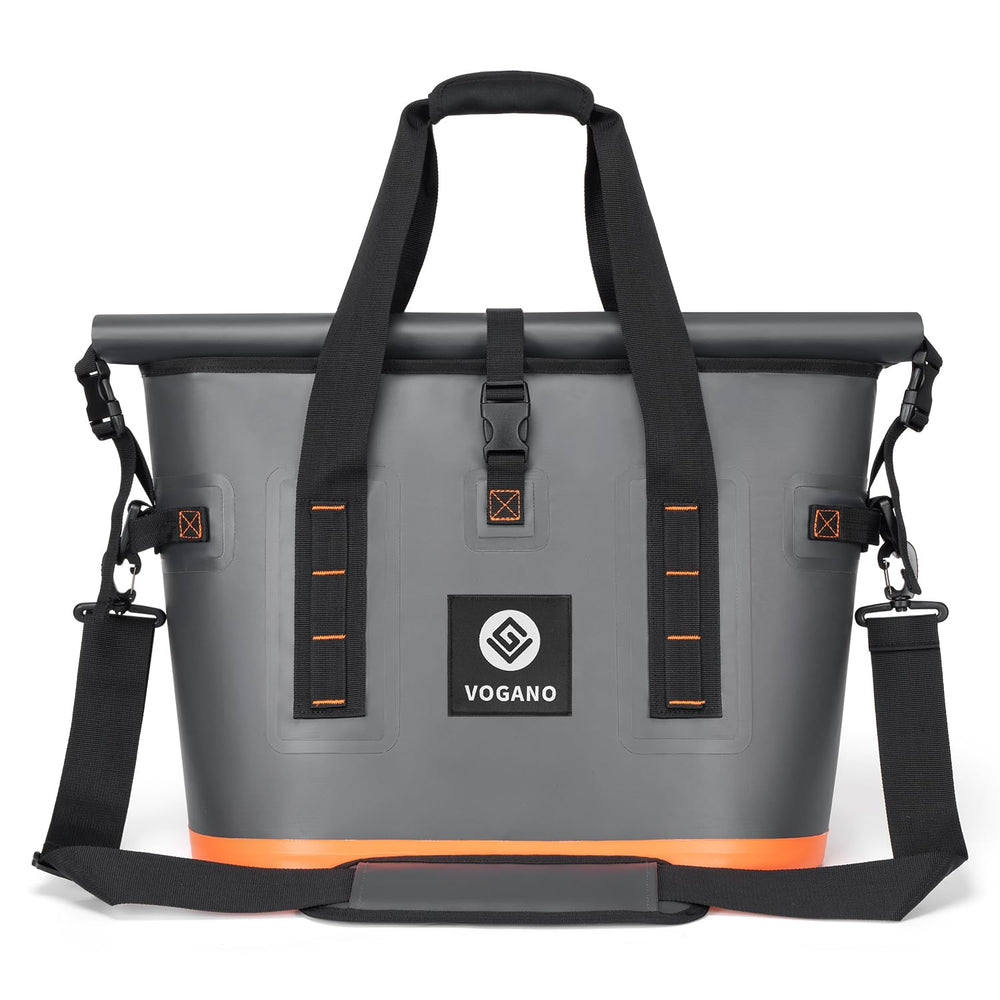 Vogano 40-Can Soft Cooler Bag with roll-top closed showcases leak-proof design for outdoor use.