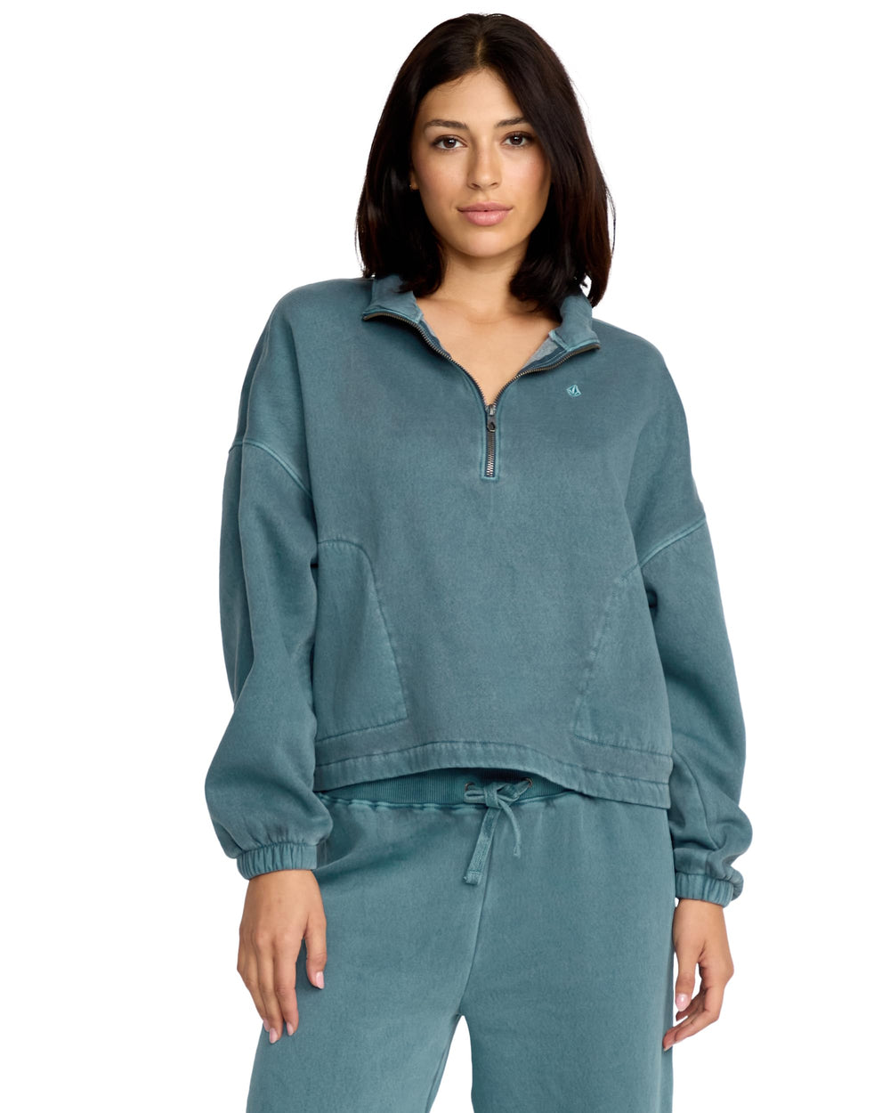 Volcom Stone Soft Quarter Zip fleece Emerald Green front view offers cozy warmth for cool mornings.