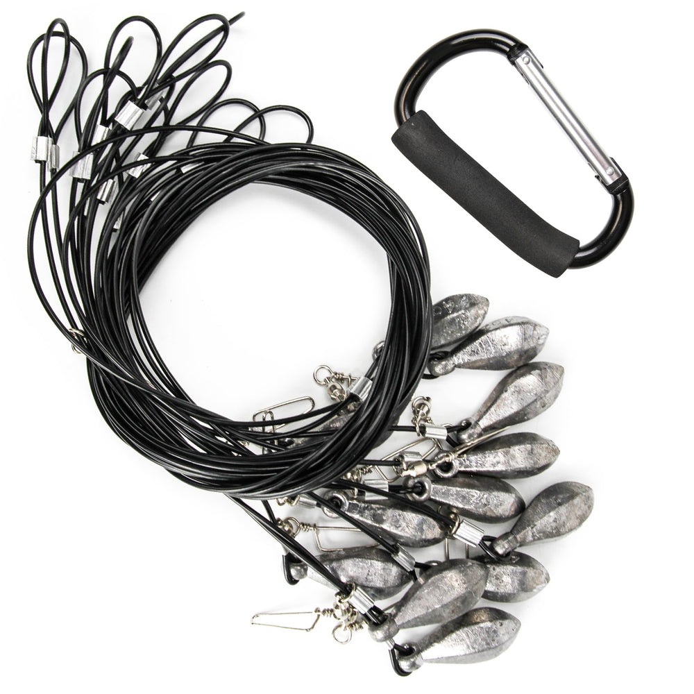 Volein 12-pack steel cable decoy rigs with weights for reliable duck hunting setup.