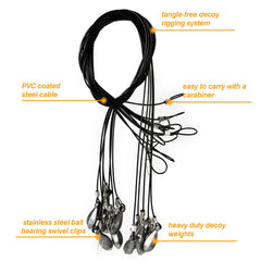 Volein waterfowl decoy weights carabiner attachment enables quick decoy deployment.