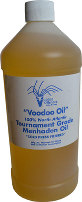 VOODOO MO032CPR Menhaden Oil bottle provides a cold-pressed attractant for saltwater and freshwater fishing.