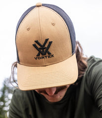 Vortex Core Logo Cap Sand Bar, close-up logo detail highlights brand pride
