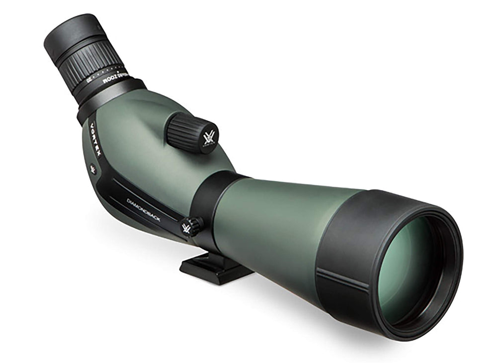 Vortex Diamondback angled spotting scope body showcases field-ready rugged design for wildlife viewing.