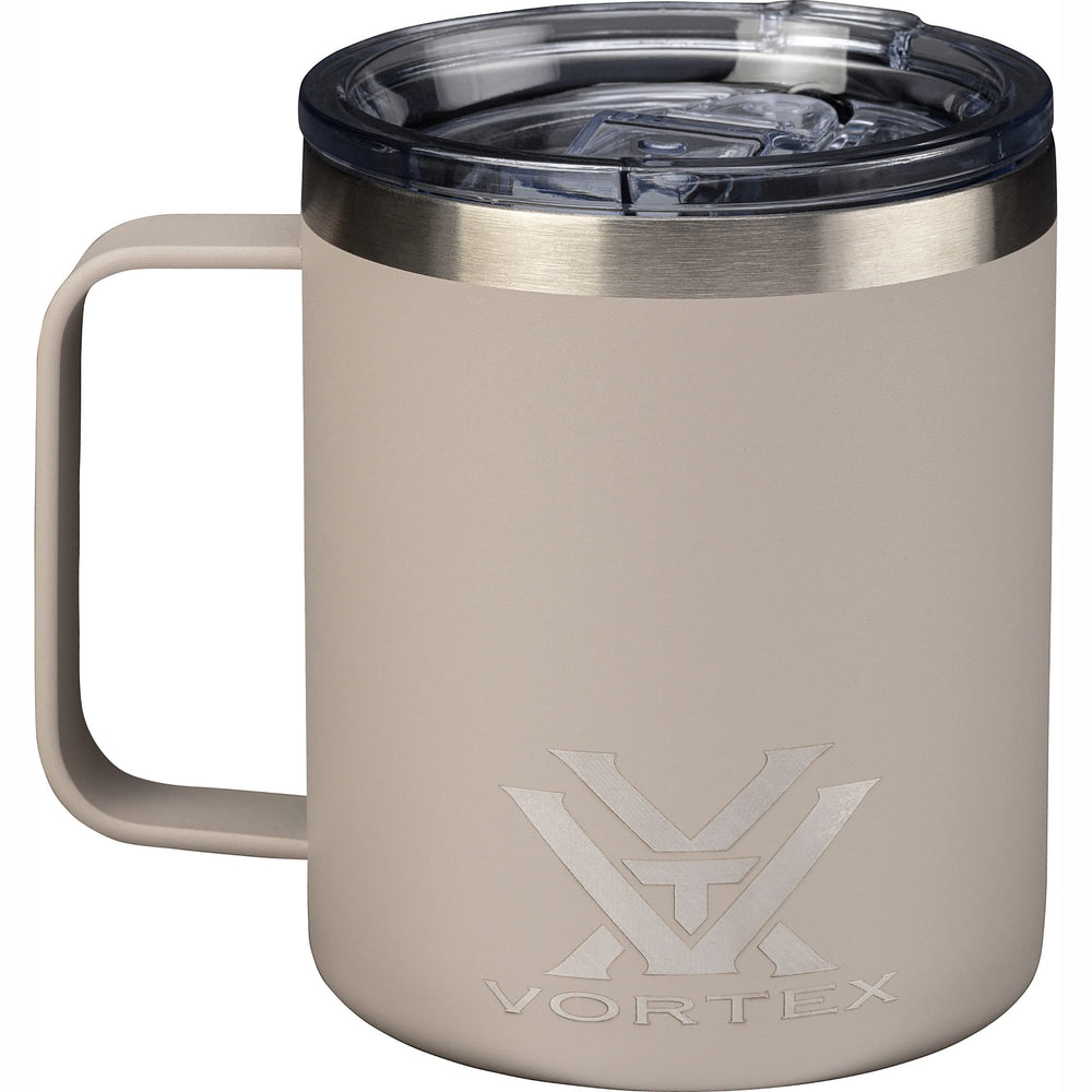 Vortex insulated 12oz mug tan lid close-up for hot or cold drinks