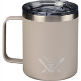 Vortex insulated 12oz mug tan lid close-up for hot or cold drinks