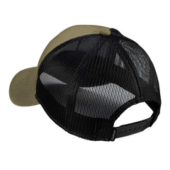Close-up of patch logo on olive Vortex hat