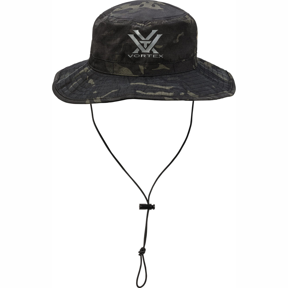 Vortex Shade Country Bucket Hat front view in Black Multicam for rugged outdoor use.