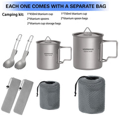 VQORAHUIX titanium camping cup 450ml ideal for hot beverages on trails.