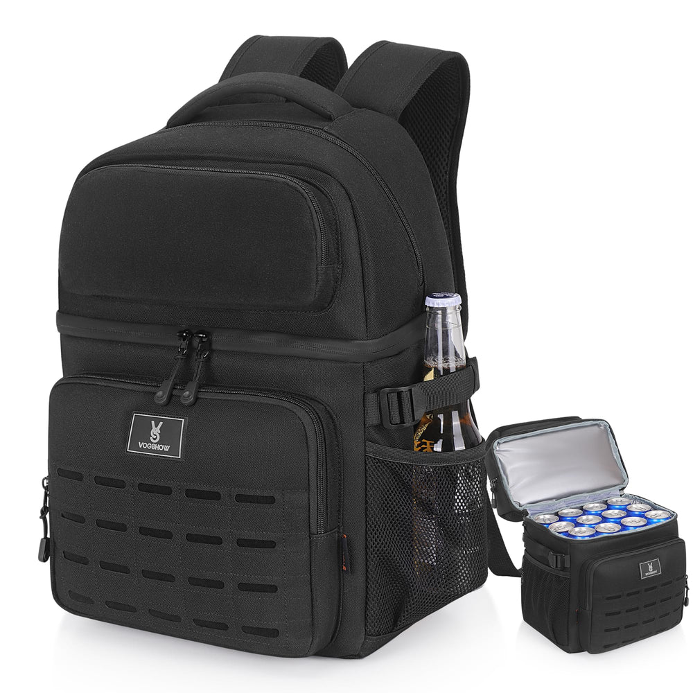VS VOGSHOW insulated double-deck cooler backpack front view showing 36-can capacity for camping