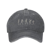 VunKo Dancing Skeletons hat front view in vintage washed denim for casual street style.