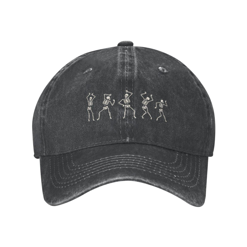 VunKo Dancing Skeletons hat front view showcases vintage denim with versatile streetwear appeal.