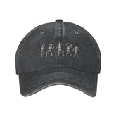VunKo Dancing Skeletons hat front view showcases vintage denim with versatile streetwear appeal.