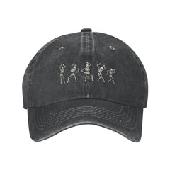 VunKo Dancing Skeletons hat front view showcases vintage denim with versatile streetwear appeal.