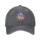VunKo hippie peace symbol cap in washed denim offers durable casual style.