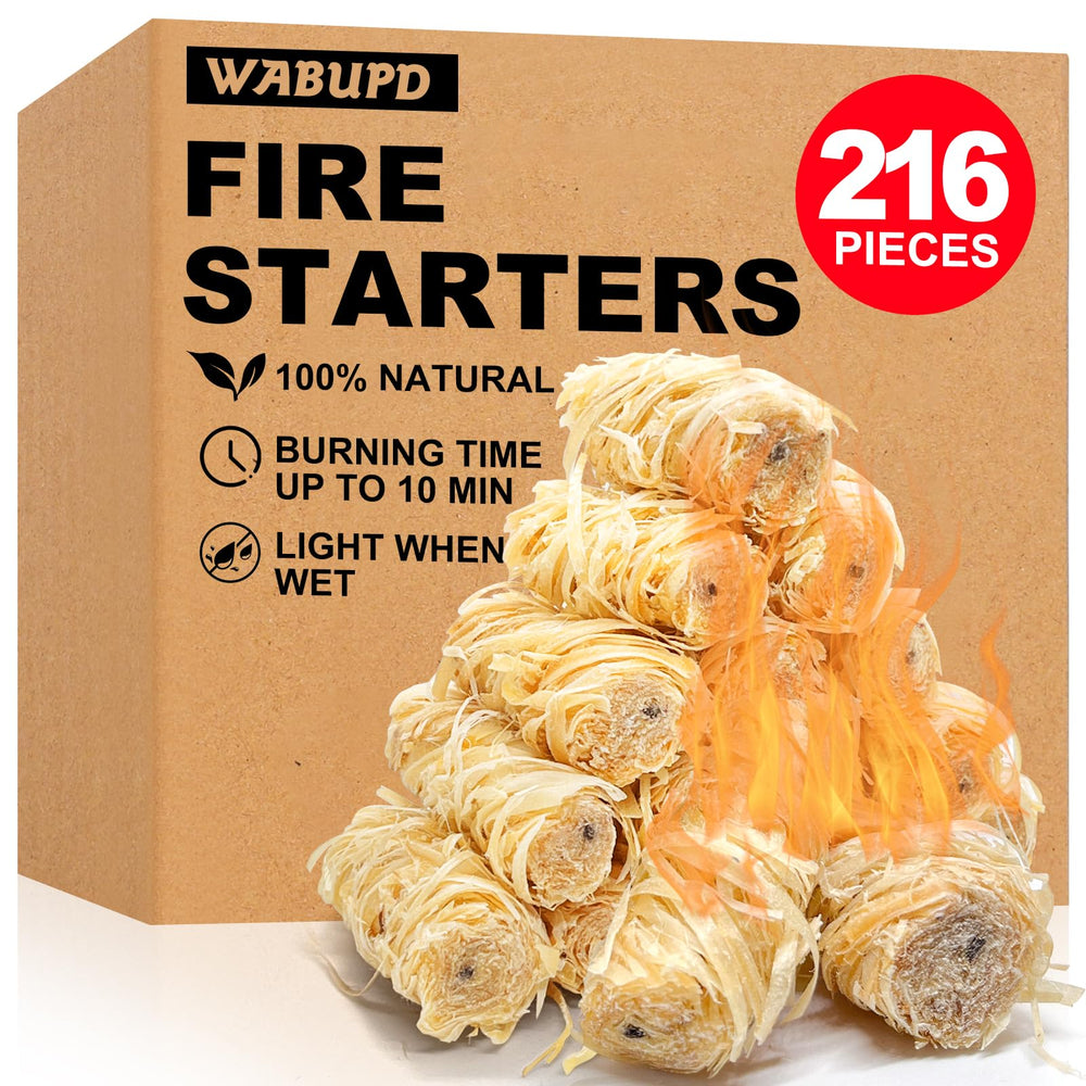 WABUPD fire starter pack shot highlighting bulk 216-count box for reliable home fires