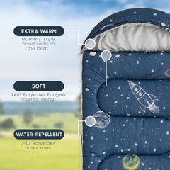 Wake In Cloud 3-season warmth sleeping bag keeps little campers comfortable across temperatures.