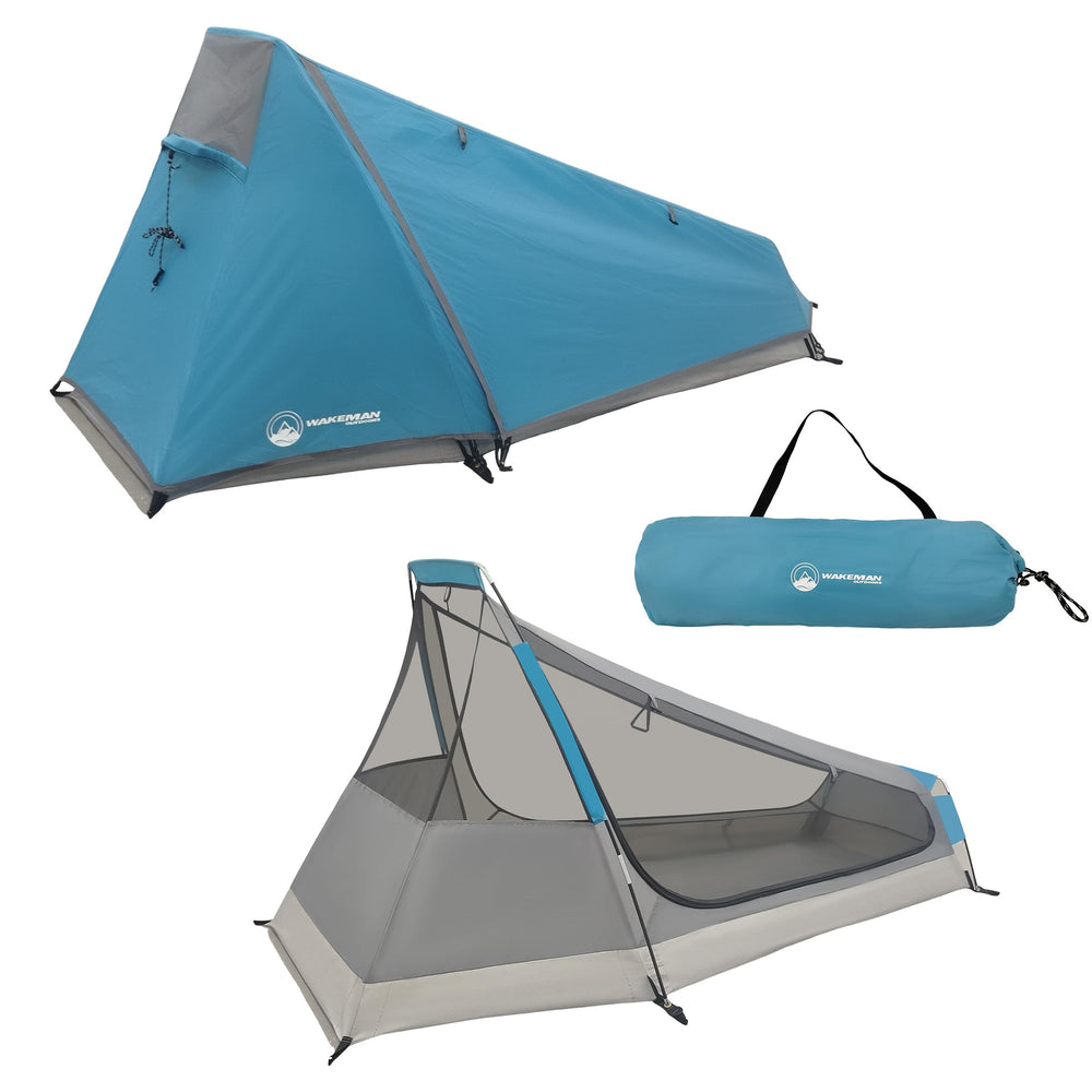 Wakeman 1P tent rainfly providing weather protection for solo trips.