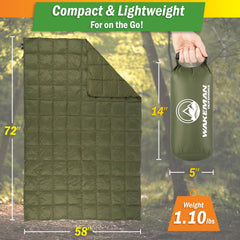 Wakeman down blanket in a compact bag for easy storage on trips