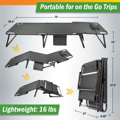Wakeman cot with three recline positions lets you lounge by the beach.
