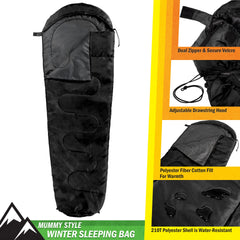 Wakeman Mummy Sleeping Bag hood drawstring for added warmth on cool nights