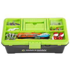 Wakeman Outdoors 55-piece kit contents displayed for versatile fishing on lakes or rivers