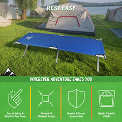 Wakeman Outdoors camping cot blue setup in moments for quick rest
