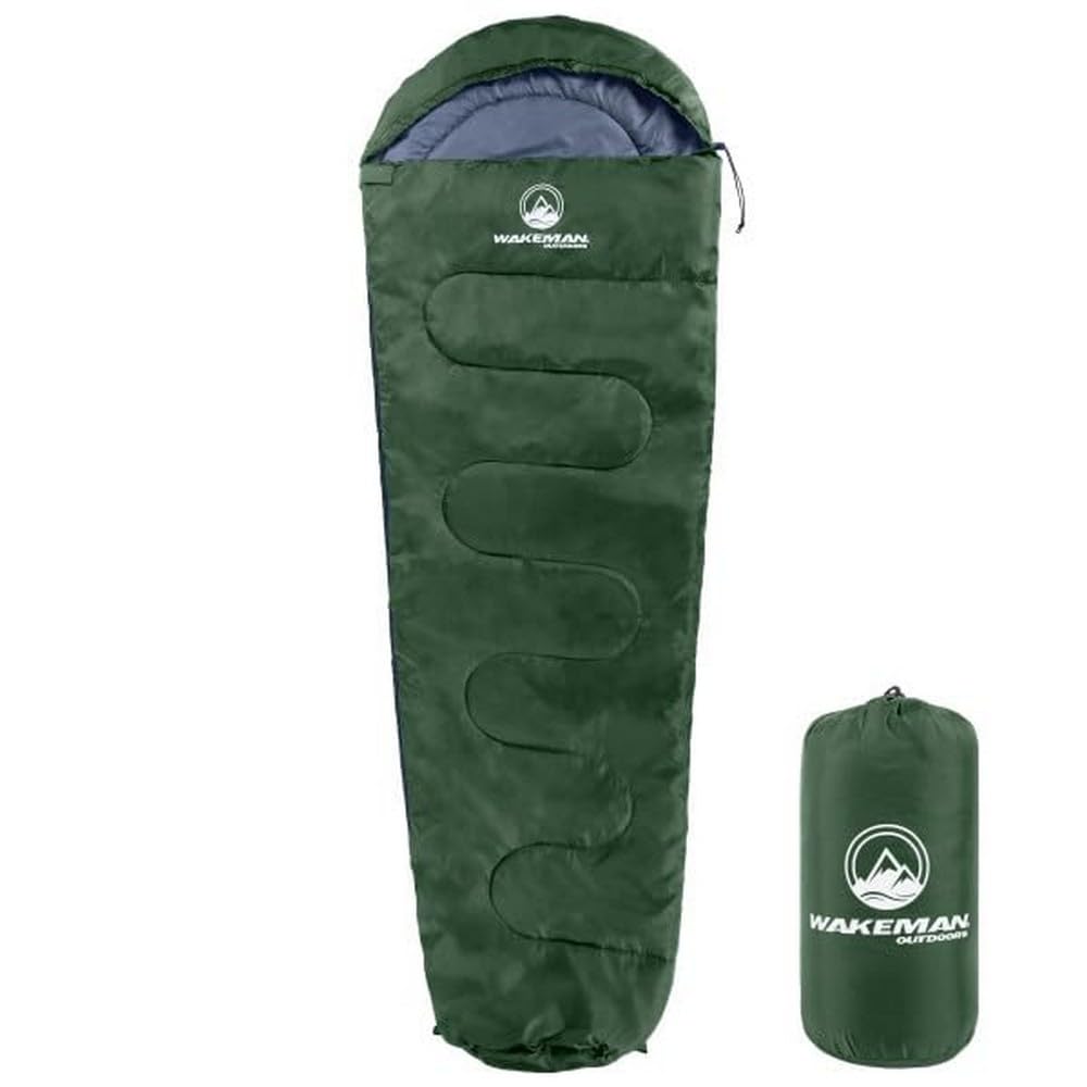 Wakeman Outdoors mummy sleeping bag in green with drawstring hood for warm nights outdoors.