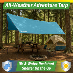Wakeman portable camping tarp blue packed compactly in the included carrying bag.