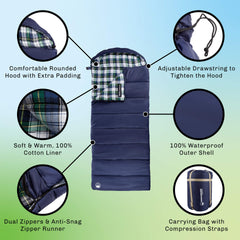 Wakeman sleeping bag drawstring hood adjustment provides a snug fit in cool air.