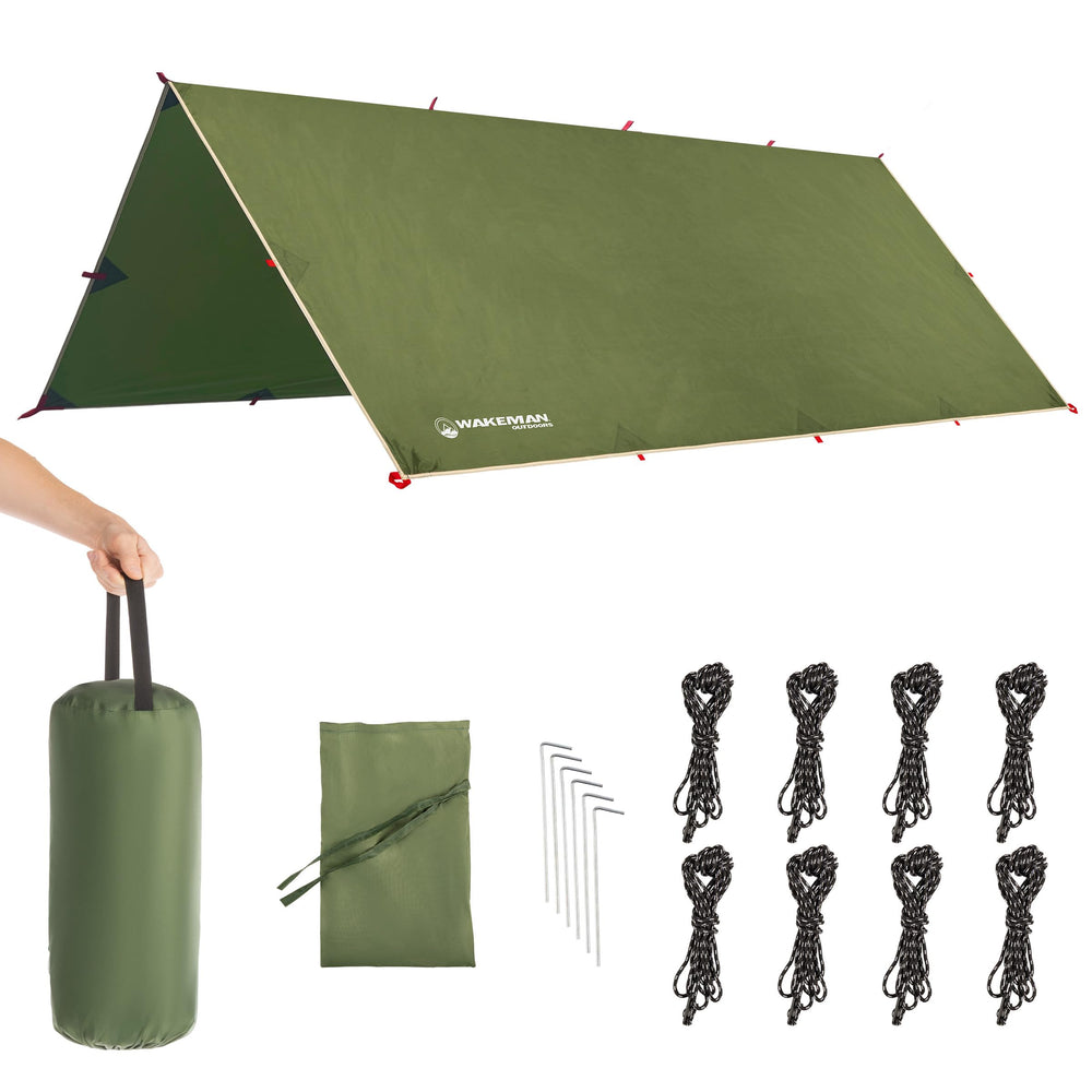 Wakeman tarp setup near trees for sturdy shelter
