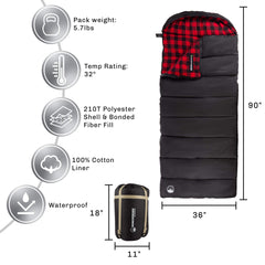 Wakeman XL sleeping bag soft buffalo plaid lining adds cozy warmth.