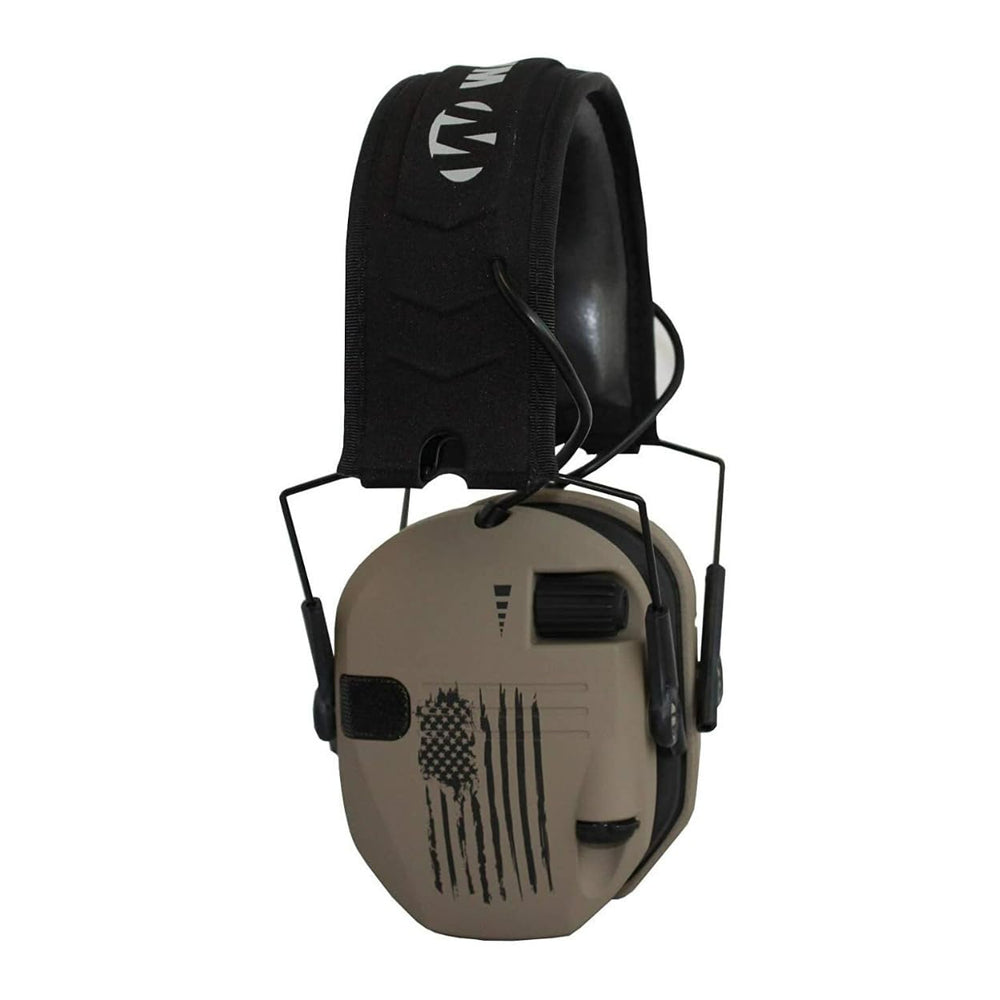 Walker's Digital Razor earmuffs in FDE with US flag offer 23 dB NRR protection.