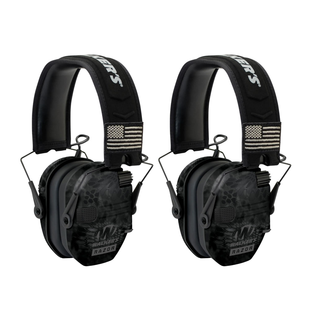 Walker's Razor Patriot Kryptek camo ear muffs show ultra-low-profile design for comfortable all-day wear