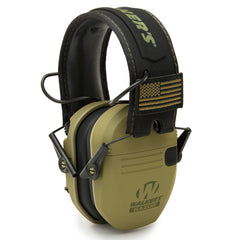 Walker’s Razor Slim Patriot ear muffs front view in olive drab; ideal for hunting with clear surrounding awareness.
