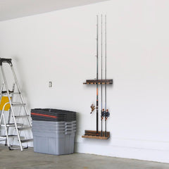 Wall-mounted vertical rod storage rack for fishing gear