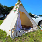 Wanbeeder canvas tipi tent open dimensions show ample 7x7 base for two campers.