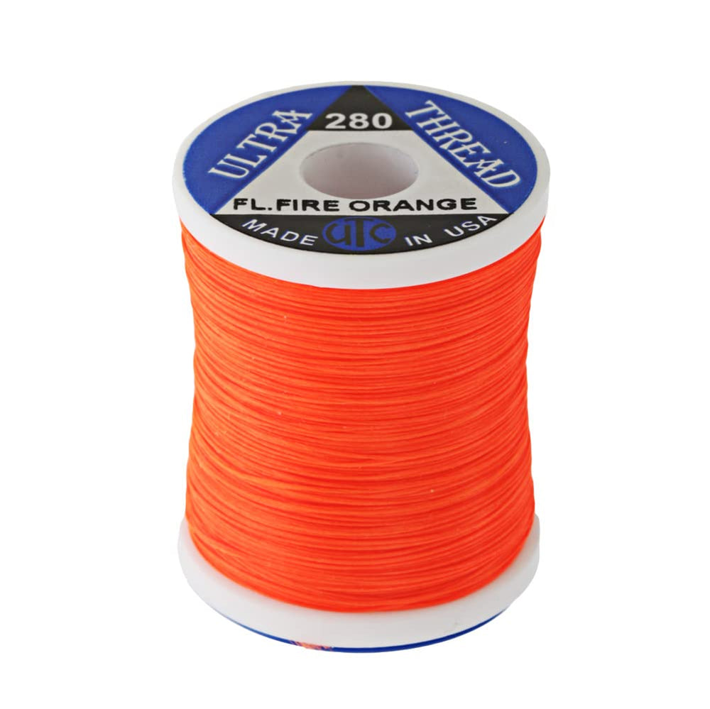 UTC Ultra Thread fluorescent fire orange spool; high visibility and strong grip for durable flies.