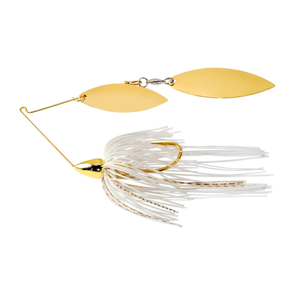 War Eagle WE38GW01G lure with double willow blades and gold frame for flashy visibility in murky water.