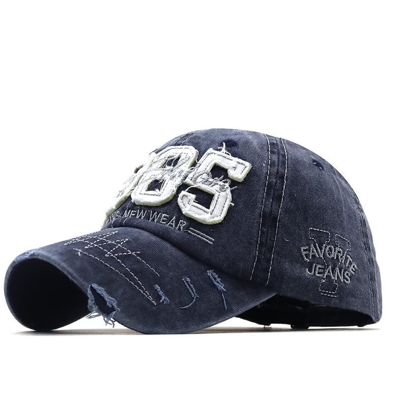 Front view of navy blue washed denim baseball cap