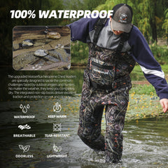 wasserflux chest waders reinforced knees support kneeling and wading on rugged banks.
