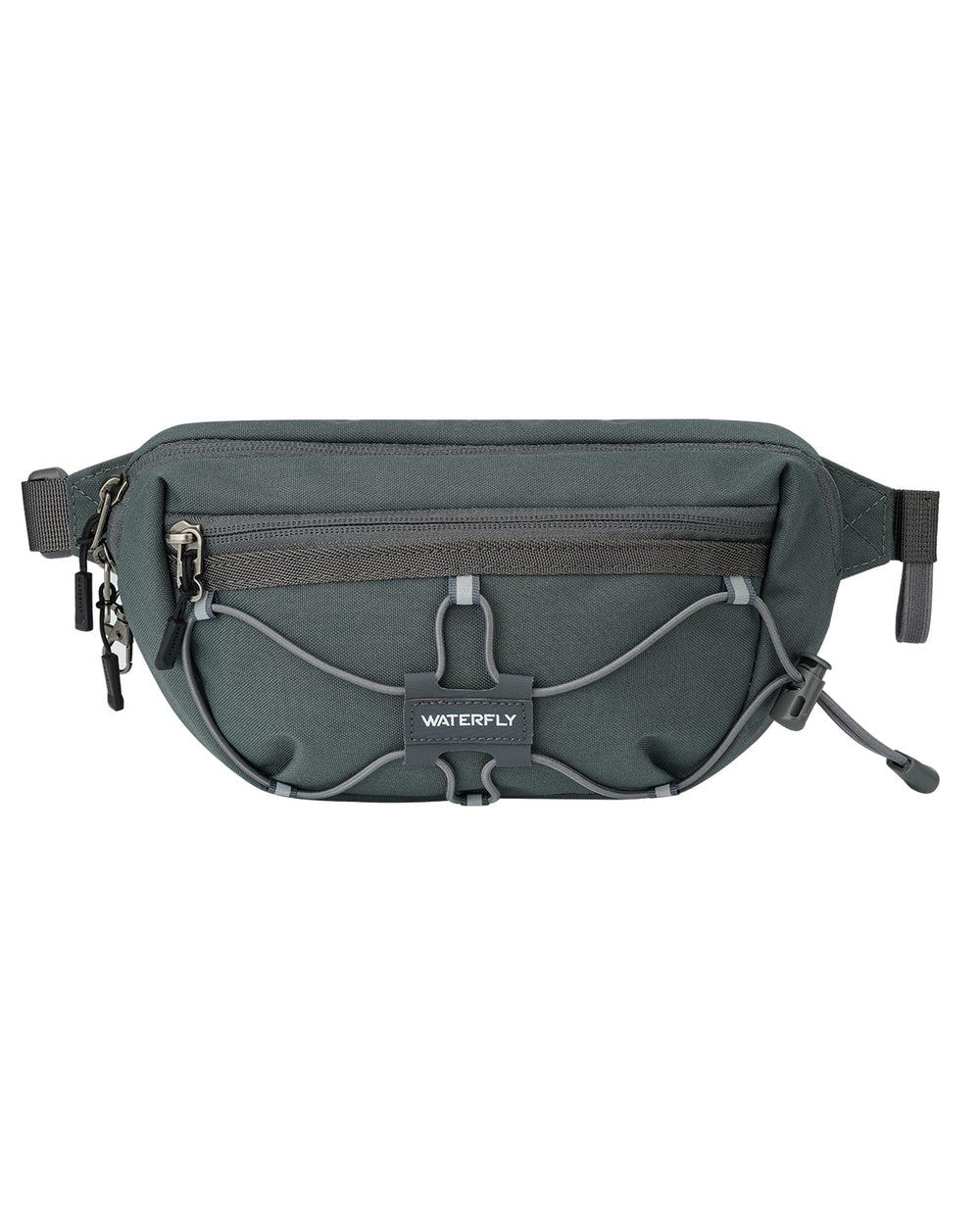 Waterfall lightweight small fanny pack front view with RFID protection and compact storage.