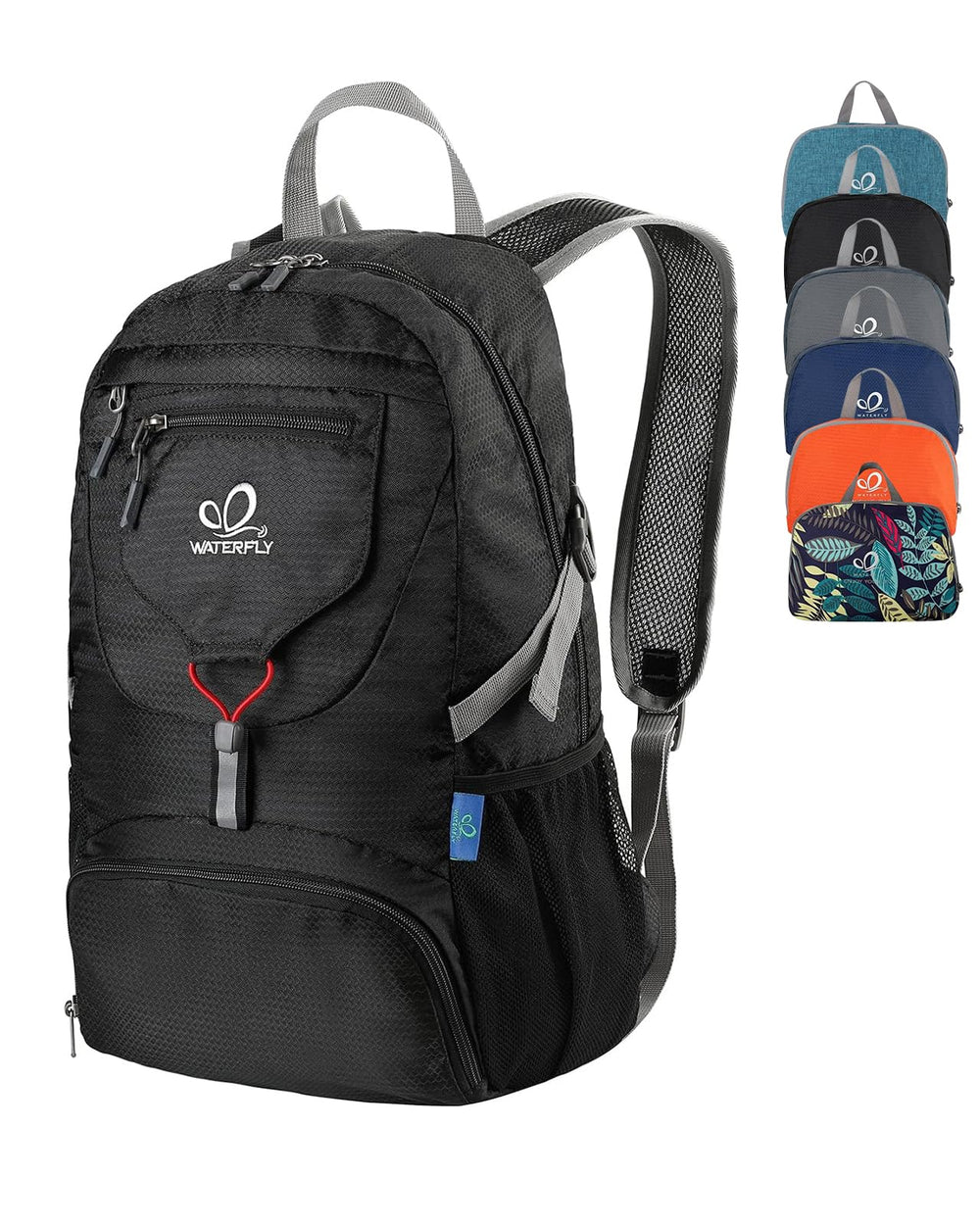 Waterfly packable backpack folded compactly for easy travel storage.