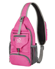 Waterfly packable crossbody sling backpack in hiking setup with durable water-resistant nylon