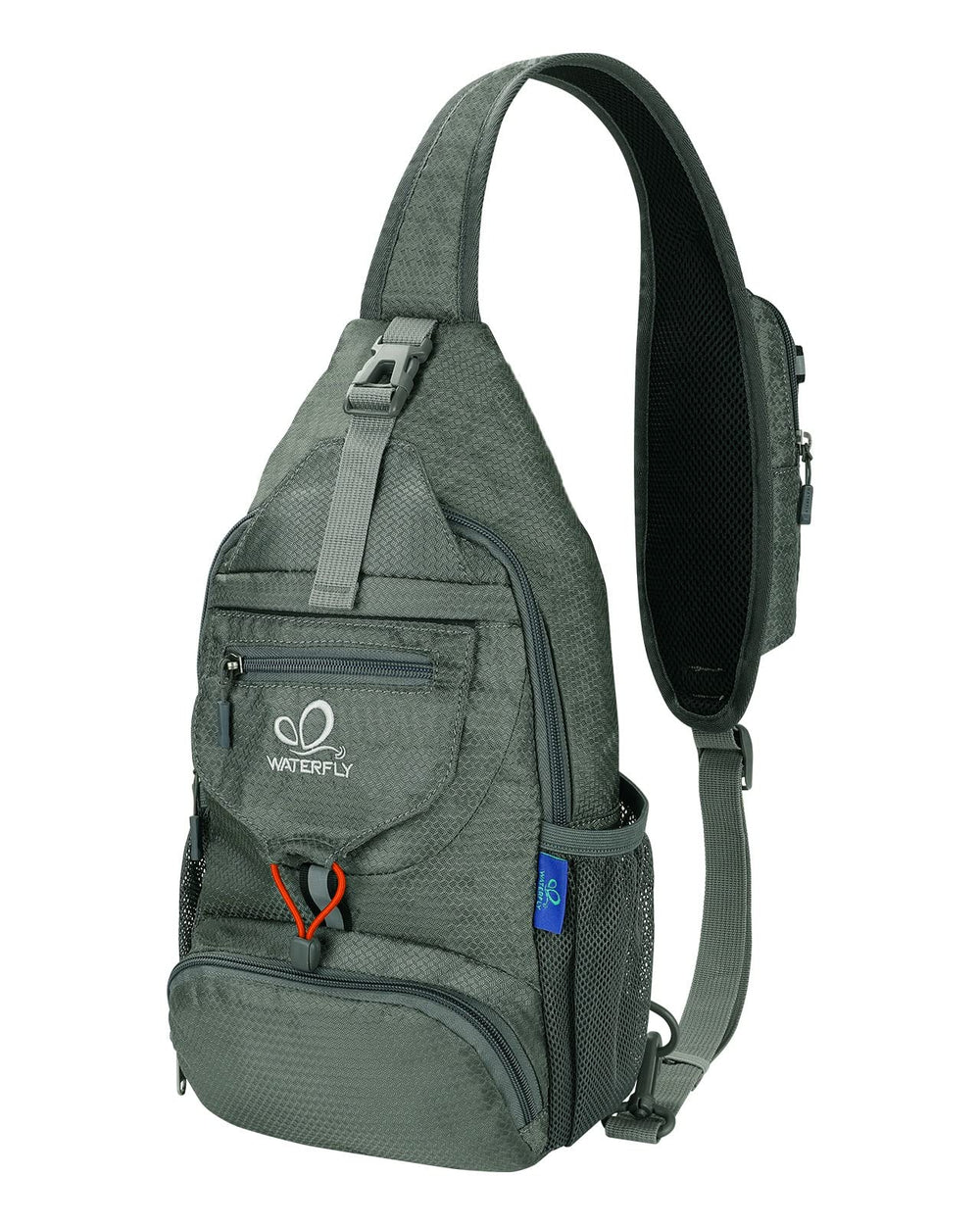 Waterfall packable sling backpack gray front view, ideal daily carry.