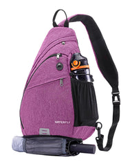 WATERFLY sling bag shows 18L capacity with room for daily items and a 13-inch laptop