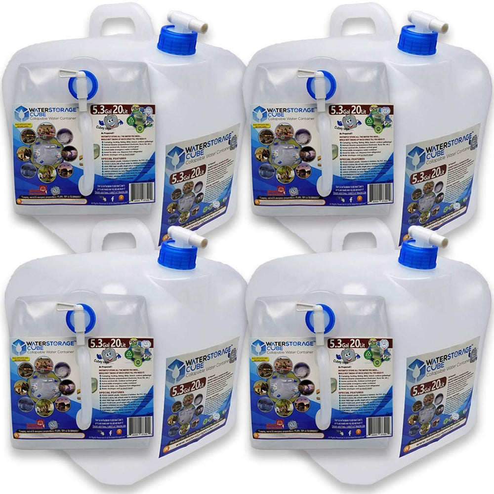 WaterStorageCube foldable water container 5-3 gallon with spigot for easy camping use.