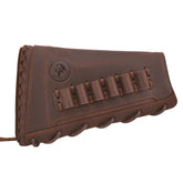 Wayne's Dog leather buttstock pad front view for recoil-friendly rifle comfort.
