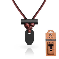 Wazoo Bushcraft fire starter necklace closeup shows the leather knot and rugged durability.