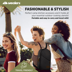 Wealers camping utensils in woven multicolor pattern for outdoor dining.