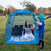 Weather Proof Pod sports tent front view in blue provides quick shelter at outdoor events.